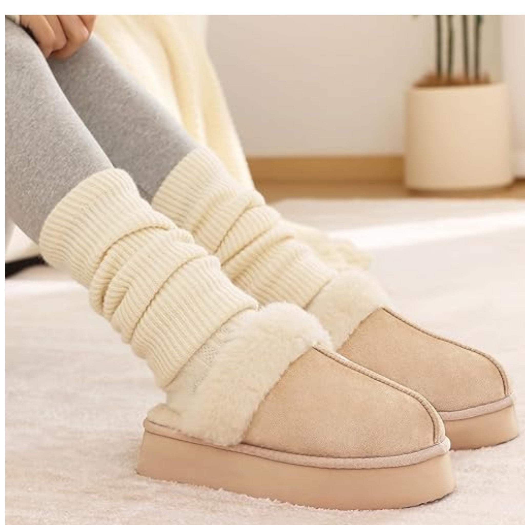 Ladies supersoft snugg boot slippers in beige with faux fur lining, warm cozy indoor slip-on footwear for comfort and style for indoor and outdoor